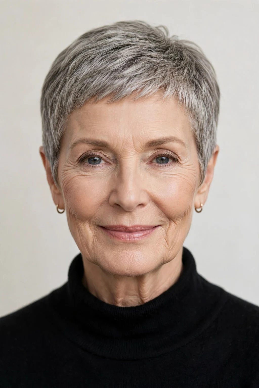 Elegant woman over 60 with short pixie, beautiful neat crop, chic light.