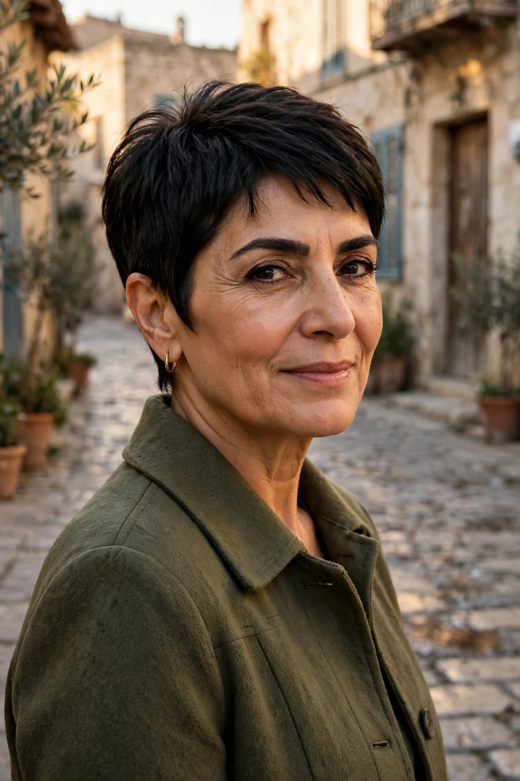 A Middle Eastern woman in her late fifties with a pixie haircut and tapered nape, wearing an olive-green coat on an old town street.