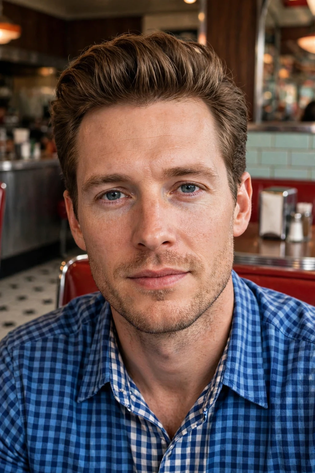 A man with a short pompadour wearing a checkered shirt in a diner.