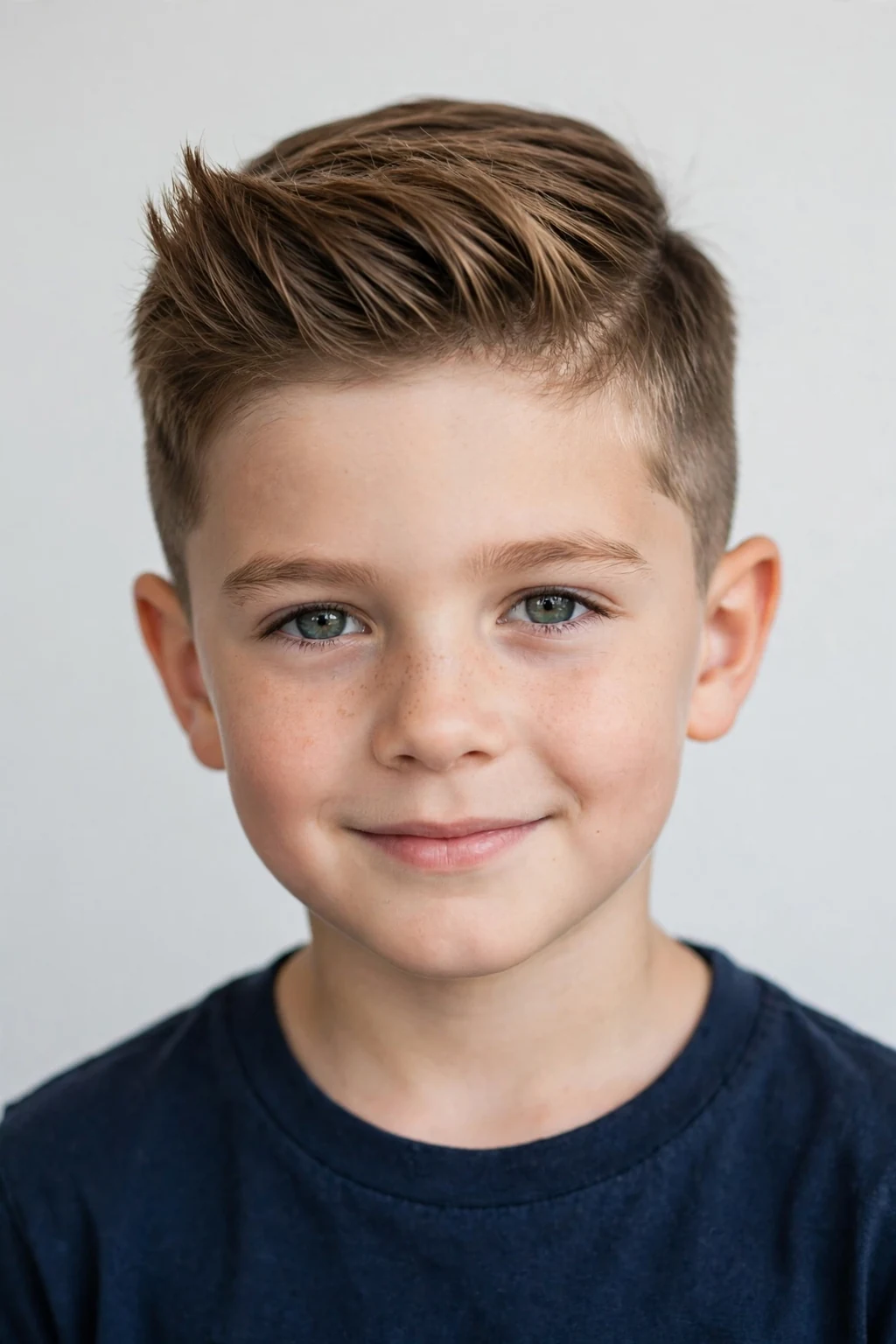 Young boy with short quiff haircut, swept-up front volume, stylish light.