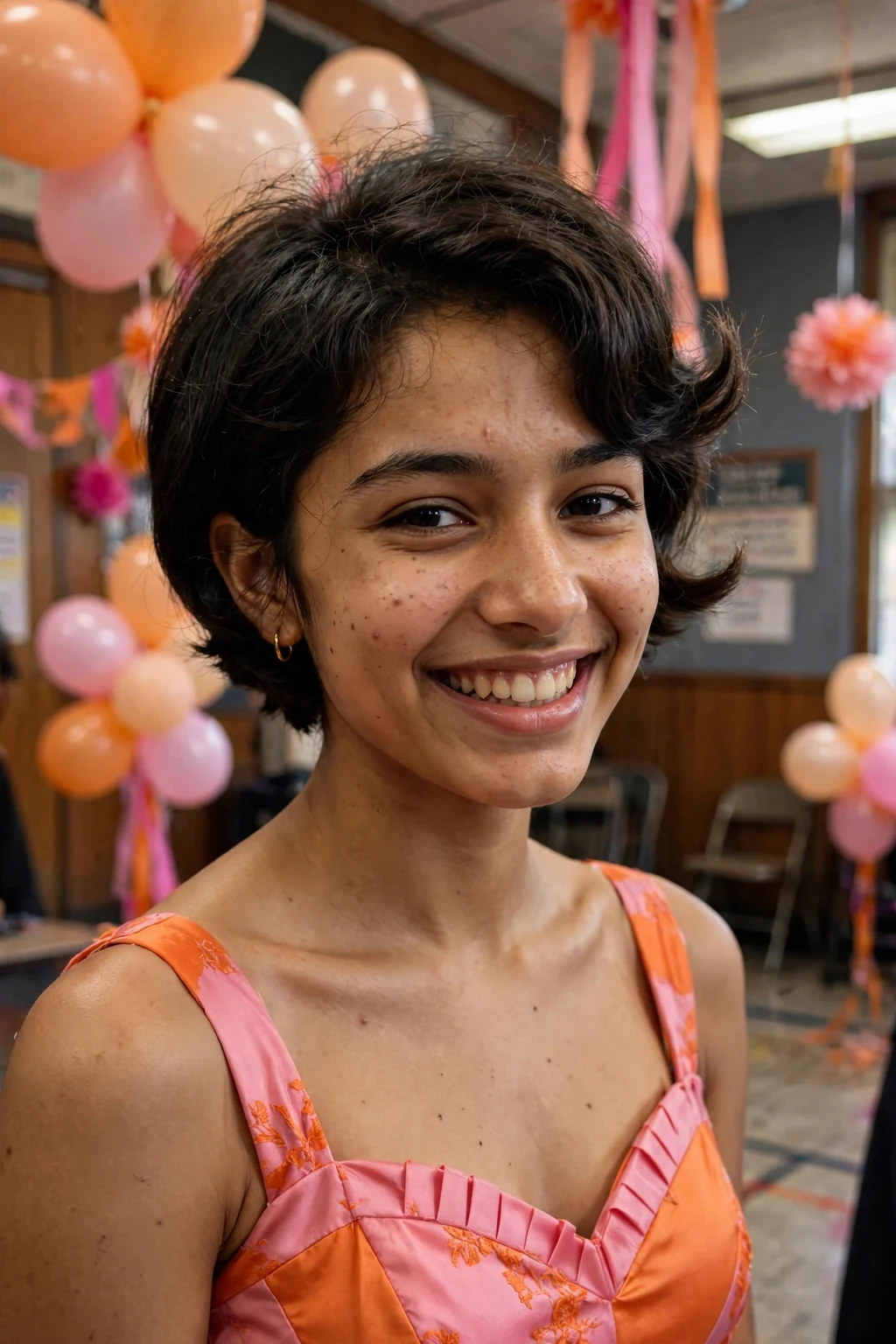 Young woman aged 18 to 20 with short retro flip hairstyle for prom, a decorated school hall with balloons.