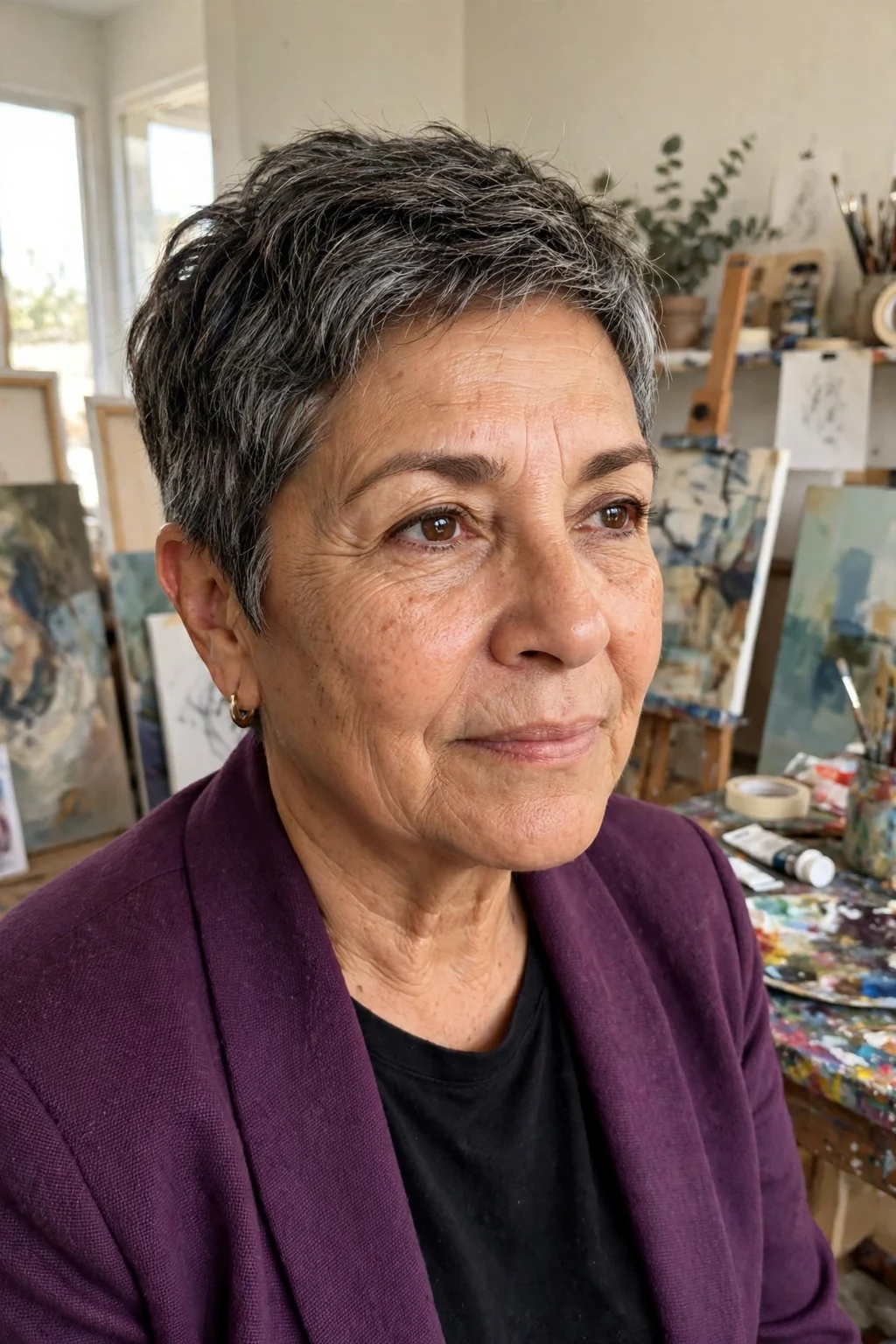 An older woman with a short salt-and-pepper pixie, wearing a plum blazer in an art studio.