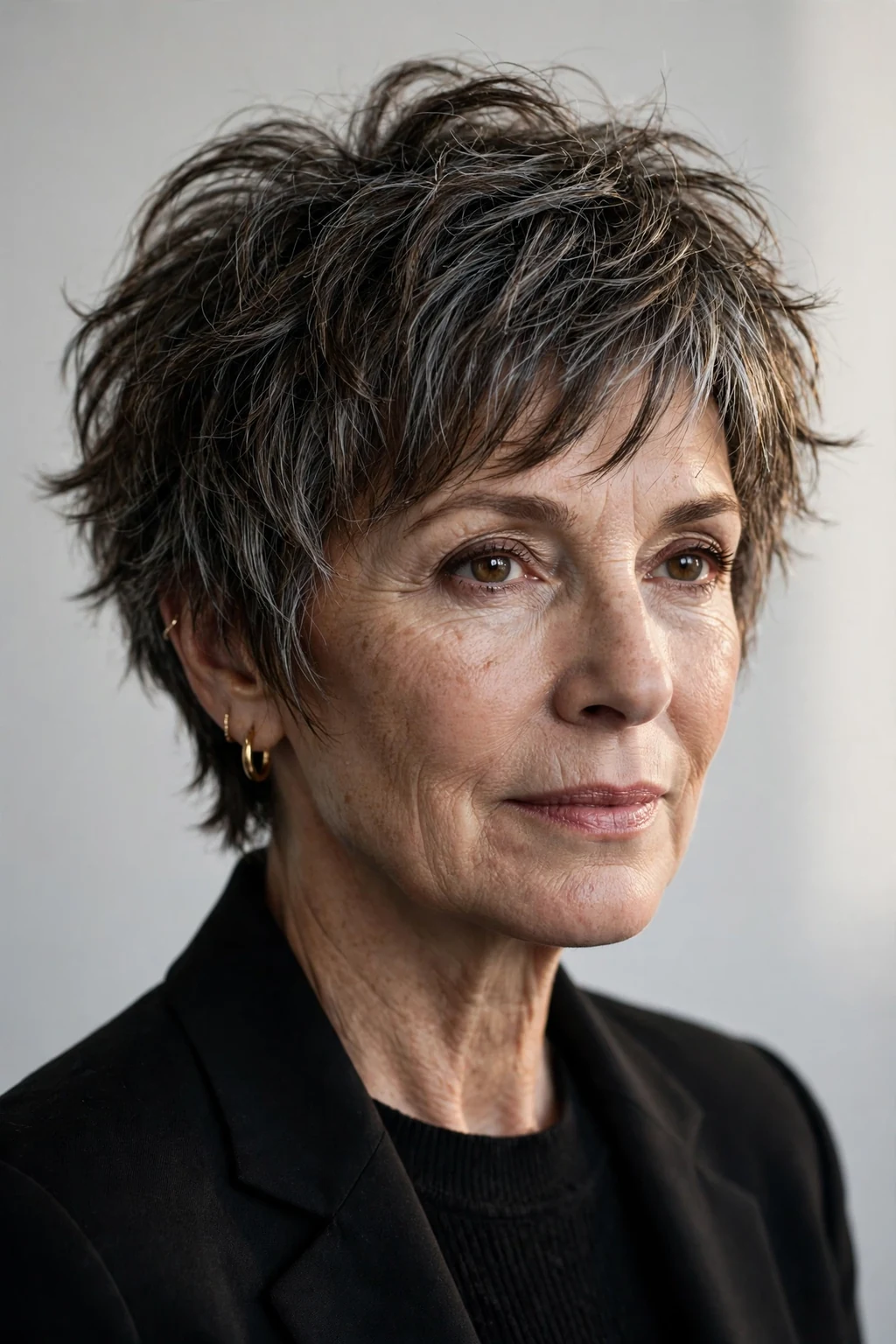 Elegant woman over 50 with short shag, textured lived-in layers, edgy light.
