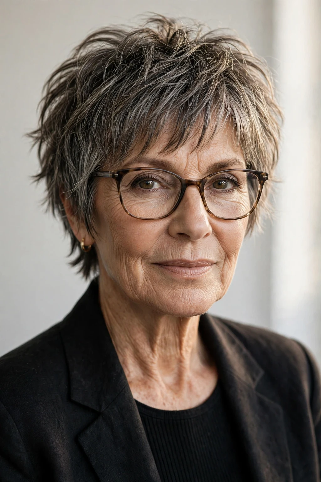 Elegant woman over 60 with glasses and short shag, textured lived-in layers, edgy soft light.
