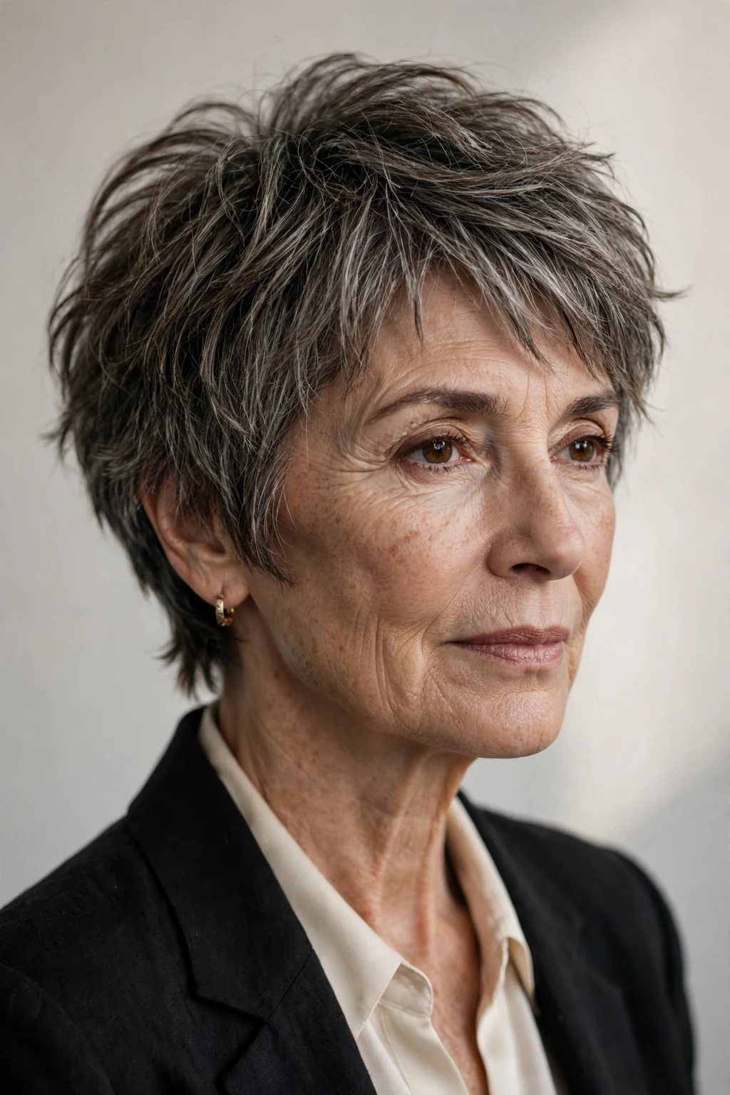 Elegant woman over 60 with short shag, textured lived-in layers, edgy light.
