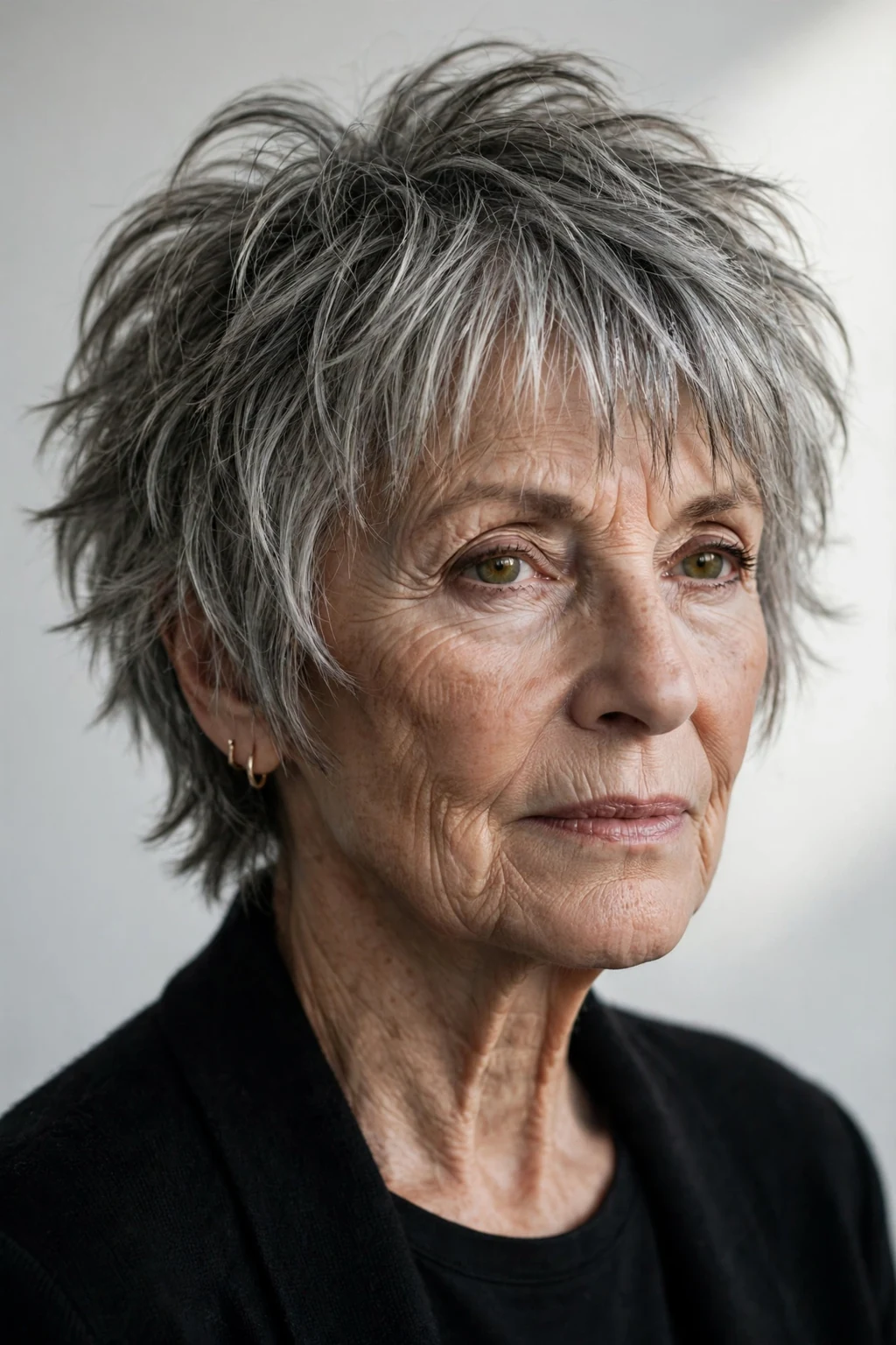 Elegant woman over 70 with short shag, textured lived-in layers, edgy light.