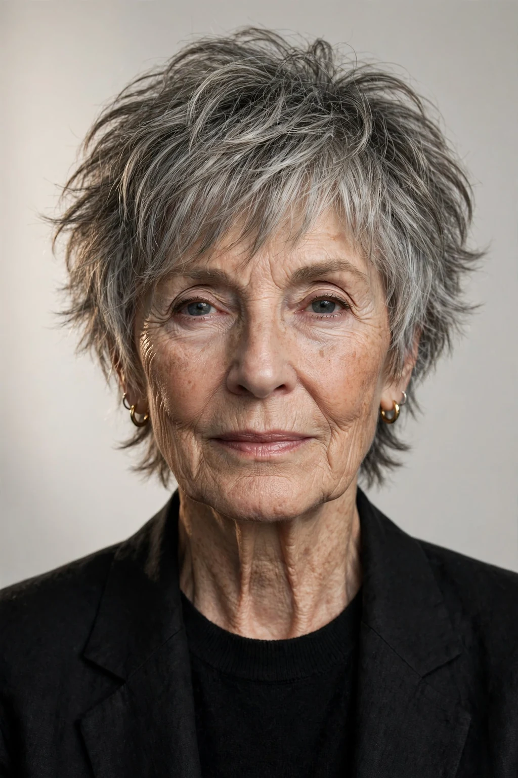 Elegant woman over 70 with short shag, textured lived-in layers, edgy soft light.