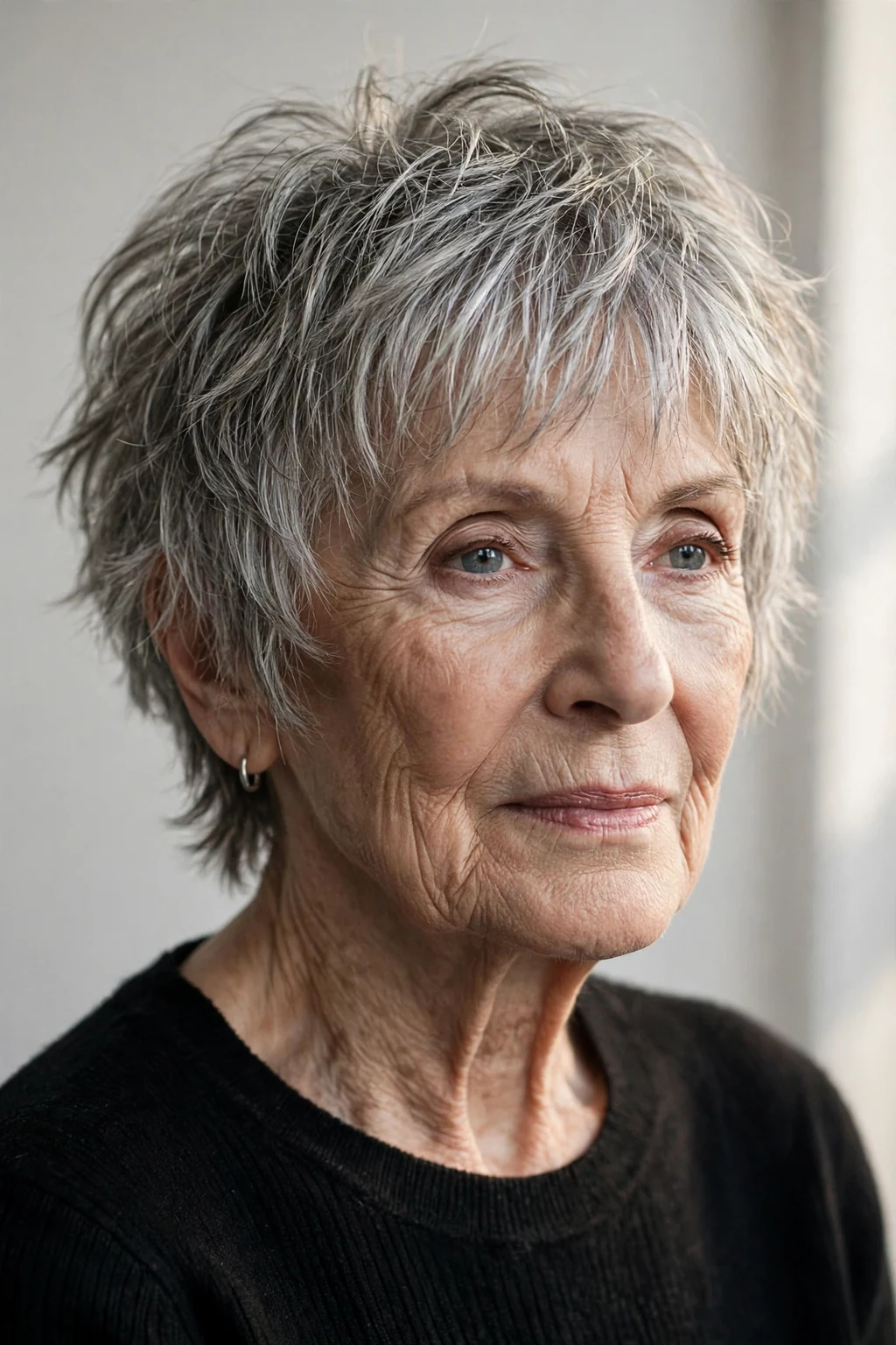 Elegant woman over 80 with short shag, textured lived-in layers, edgy soft light.