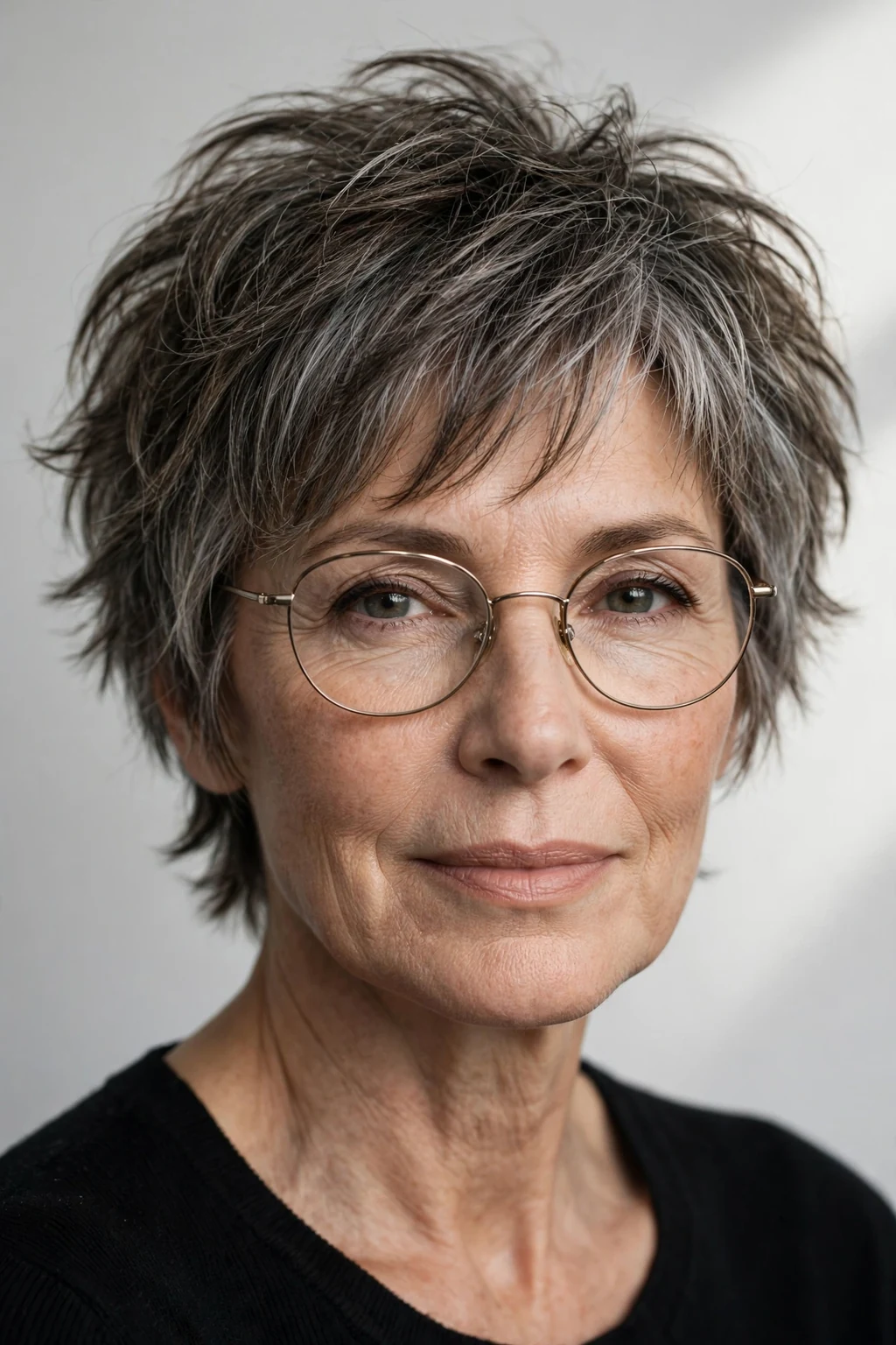 Elegant woman over 50 with glasses and short shag, textured lived-in layers, edgy light.