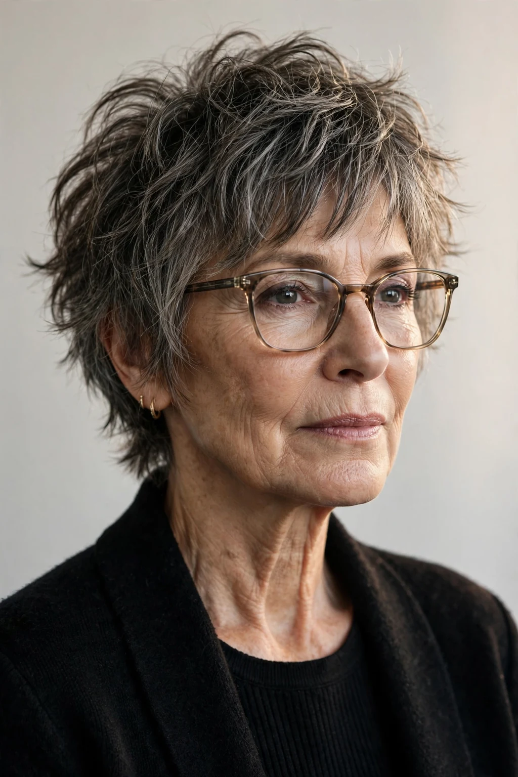 Elegant woman over 60 with glasses and short shag, textured lived-in layers, edgy light.
