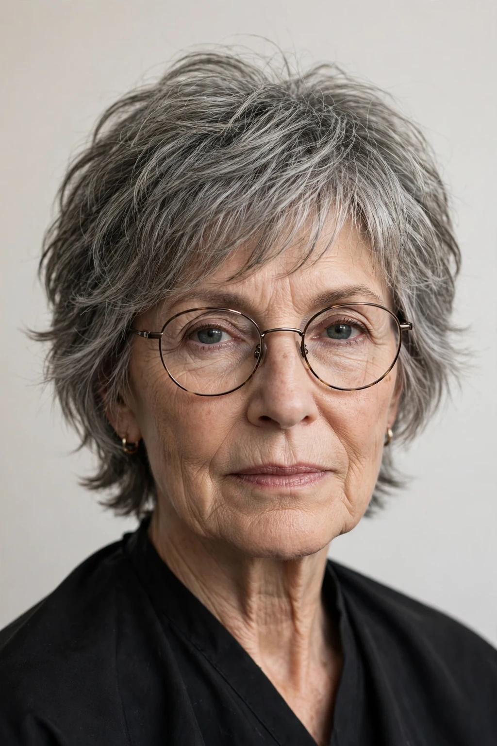 Elegant woman over 60 with fine hair and glasses and short shag, textured lived-in layers, edgy light.