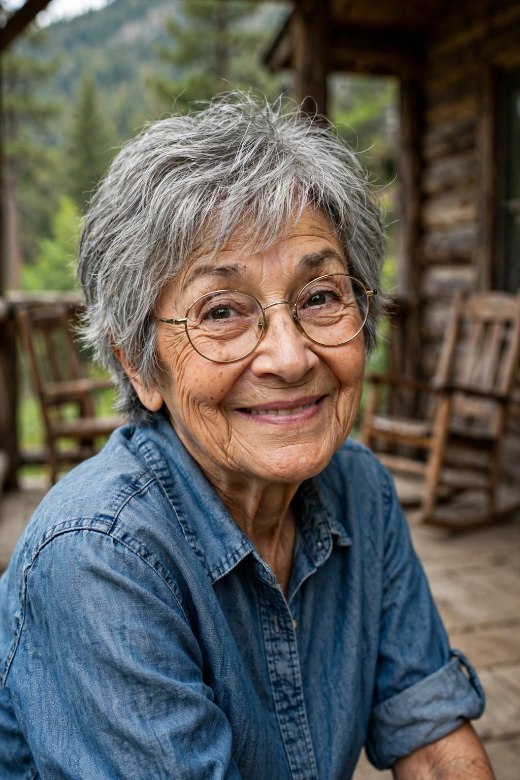 Elegant older woman over 70 with fine hair and glasses and short shag, textured lived-in layers, edgy light.