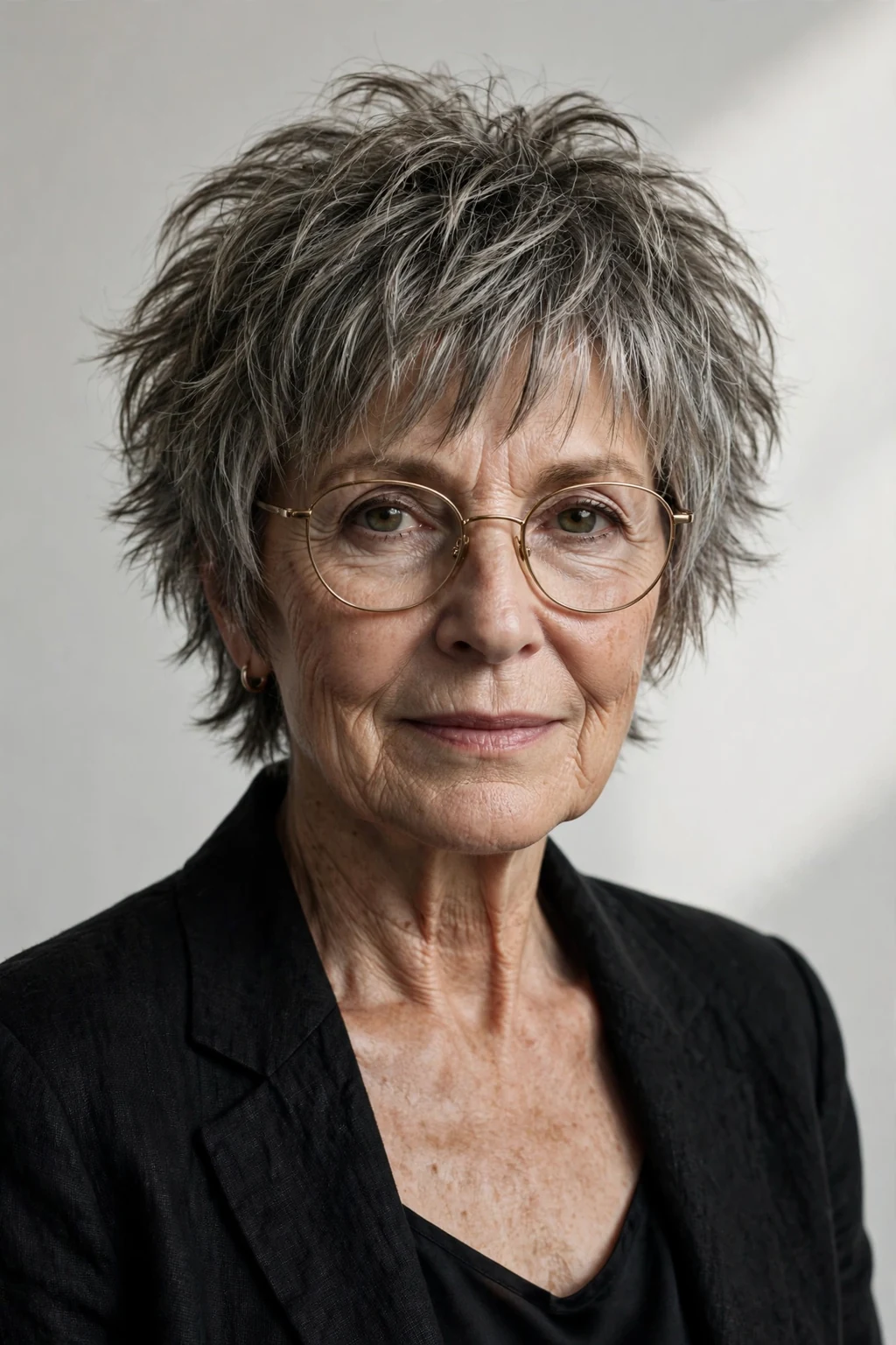 Elegant older woman with glasses and short shag, textured lived-in layers, edgy light.