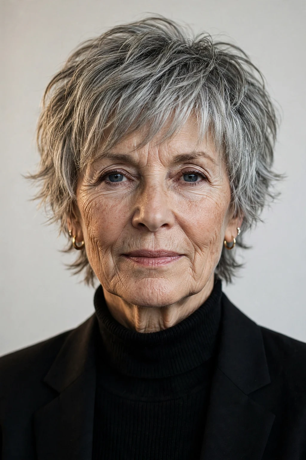 Elegant older woman with short shag, textured lived-in layers, edgy light.