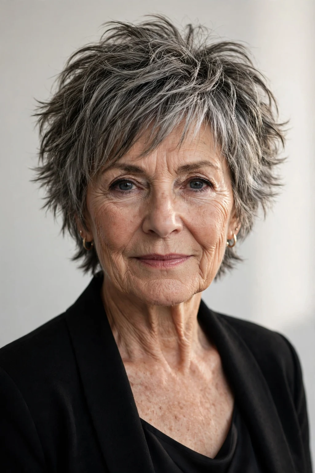 Elegant woman over 60 with short shag, textured lived-in layers, edgy light.