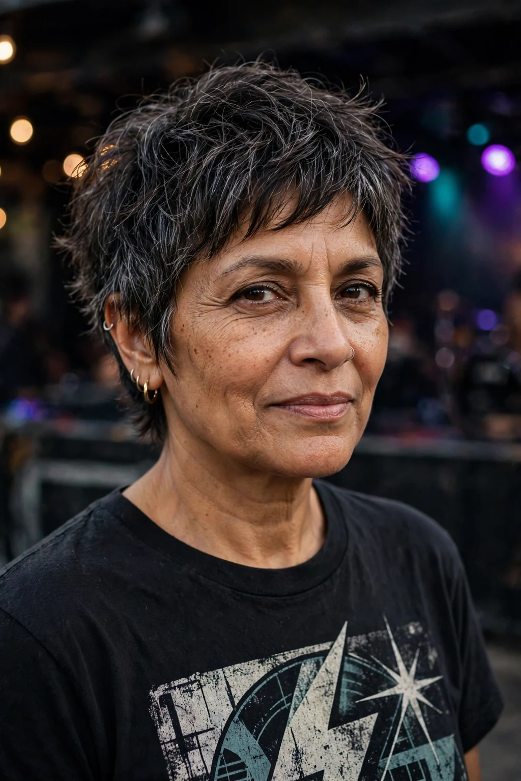 Beautiful older woman with short shag wash-and-wear, edgy short shag, trendy light.