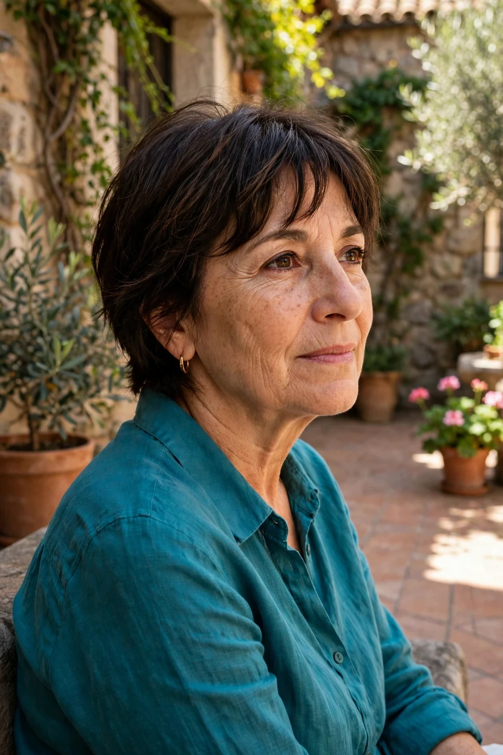 Mature woman over 50 with a short shag with curtain bangs haircut for fine thin hair, styled and full of volume.