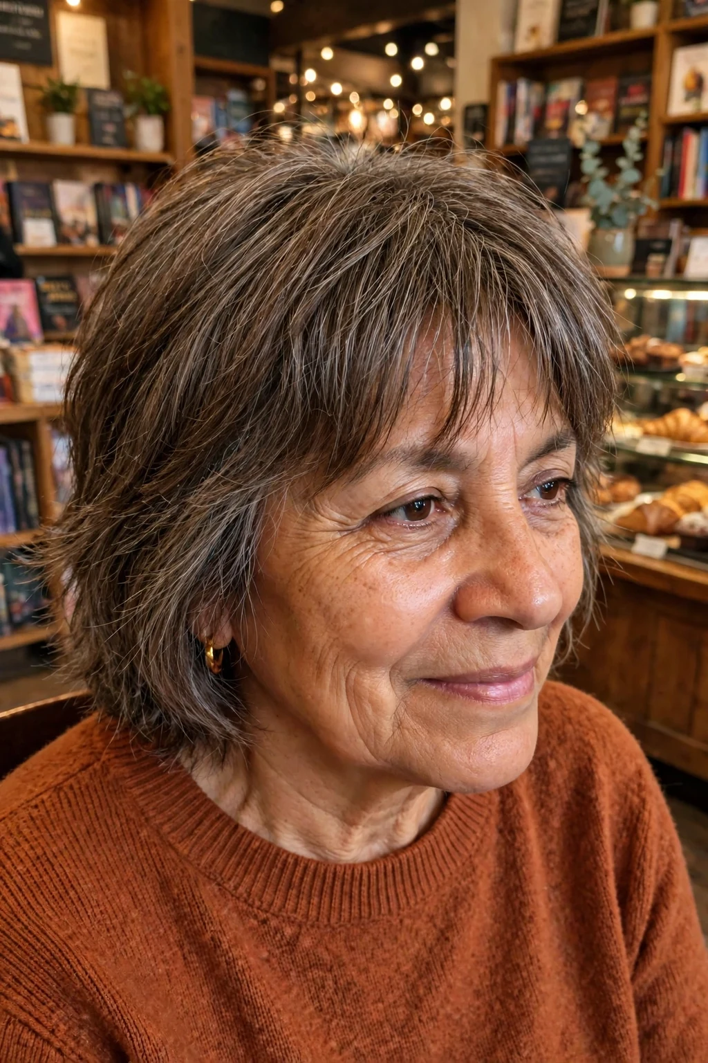 An older woman with a short shag with curtain bangs, wearing a rust sweater in a bookstore cafe.