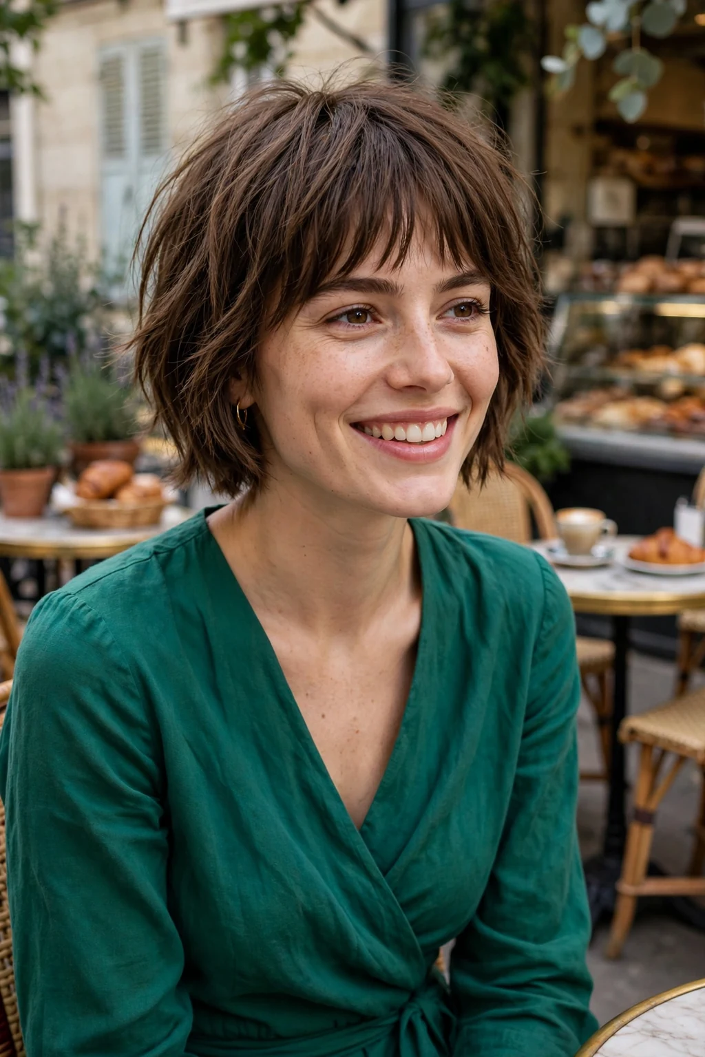 A young woman with a short shaggy bob and bangs, sitting at a bakery patio.