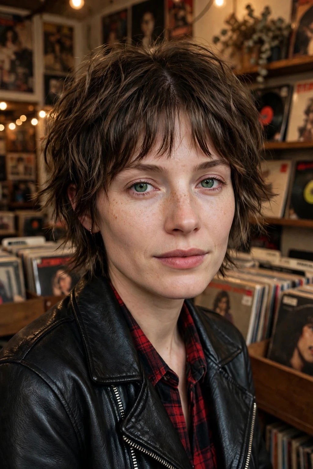 Young woman with a short shaggy cut, choppy layers and curtain fringe, at a record shop.