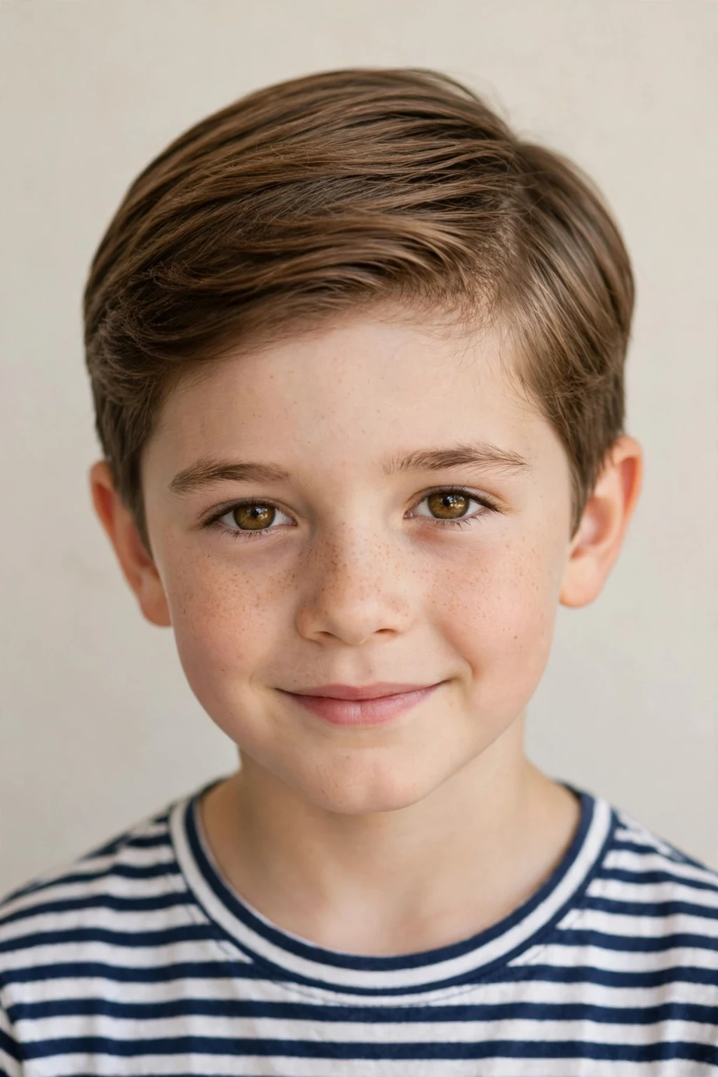 Young boy with short side sweep, gentle swept style, soft flattering light.