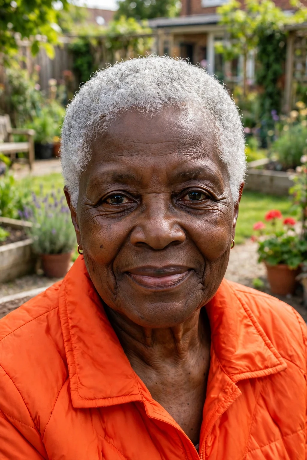 Mature woman with a short silver textured cut short haircut for fine hair, styled with soft volume.