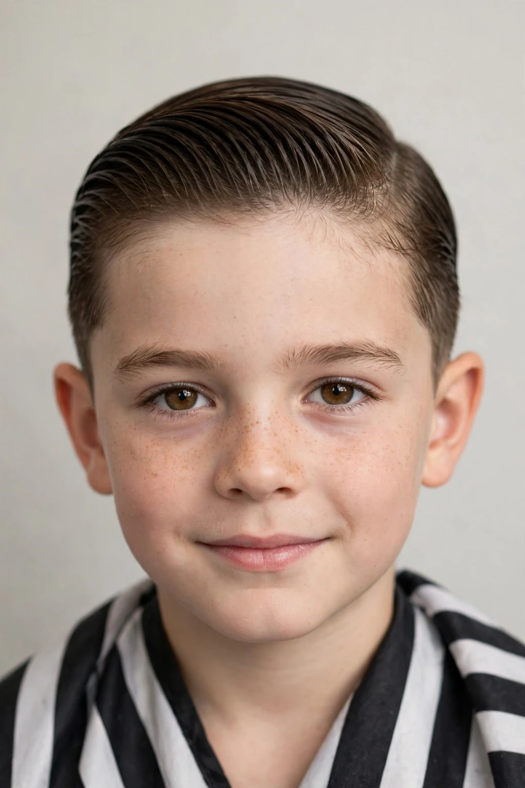 Young boy with short slick back, smooth polished style, sleek light.