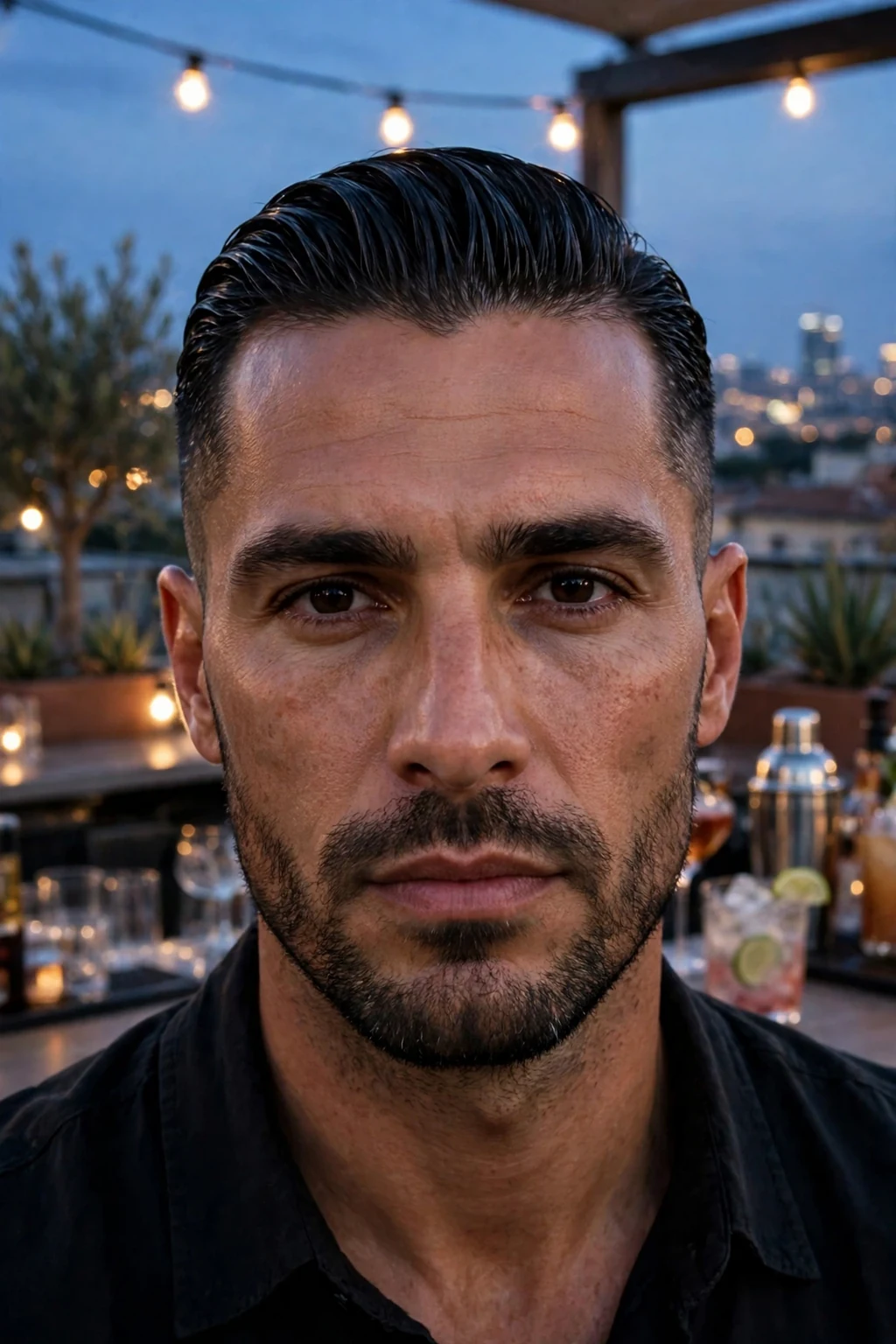 A man with a short slicked back undercut wearing a dark shirt at a rooftop bar.
