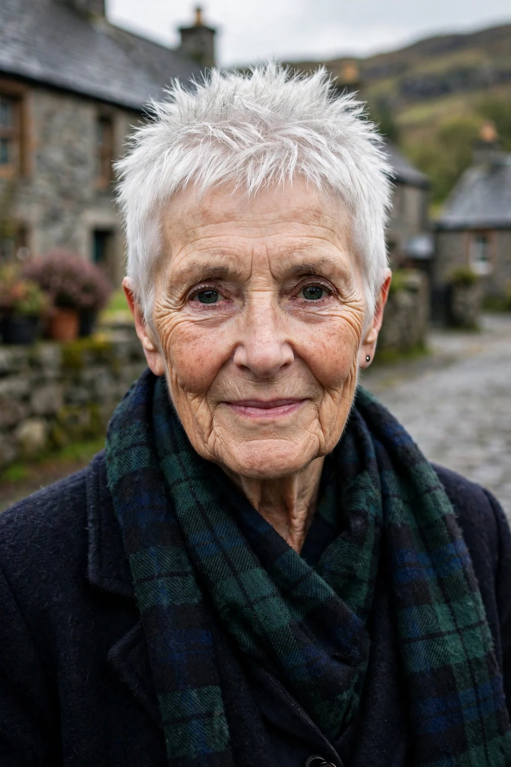 Mature woman with a short spiky crop short haircut for fine hair, styled with soft volume.