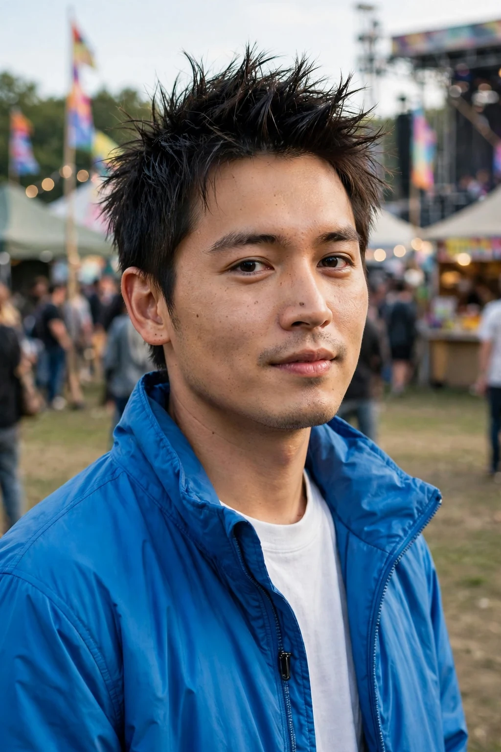 Man in his mid 20s with a short spiky haircut, wearing a bright blue jacket at a music festival ground.