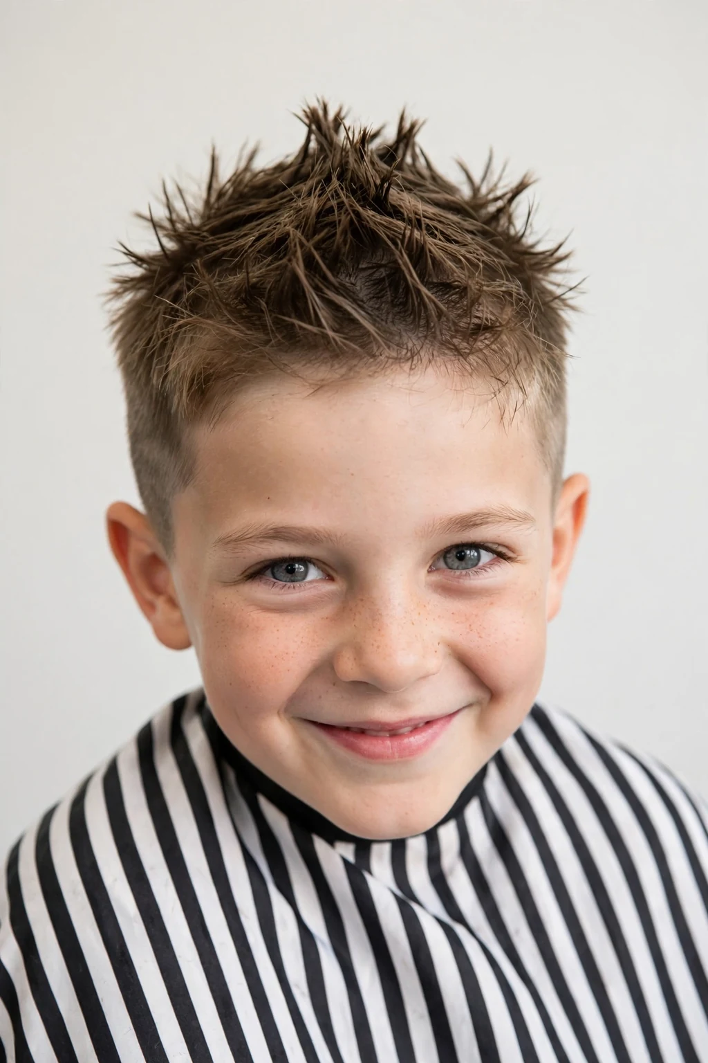 Young boy with short spiky cut, playful textured spikes, energetic light.