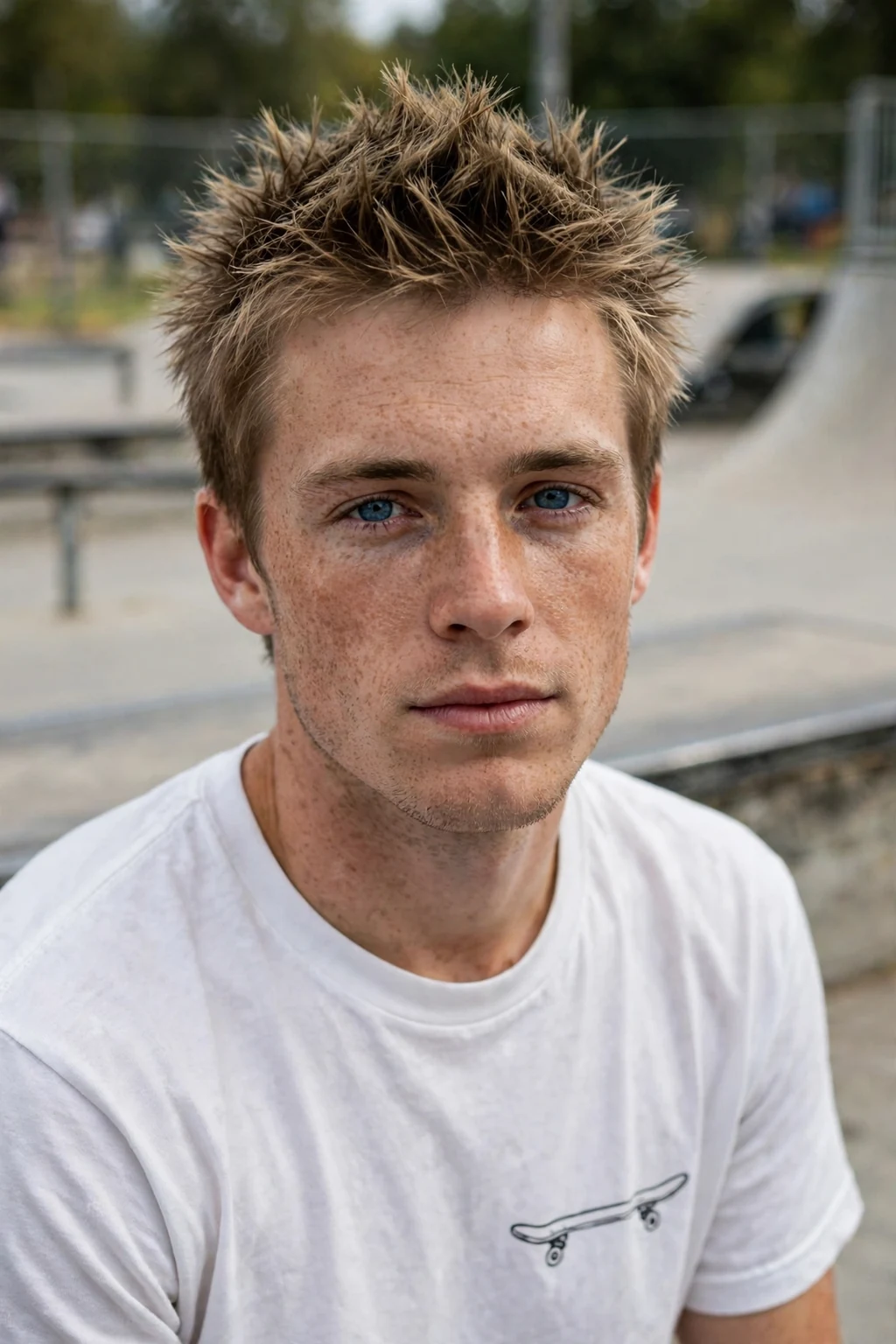 A man with a short spiky cut wearing a graphic tee in a skate park.