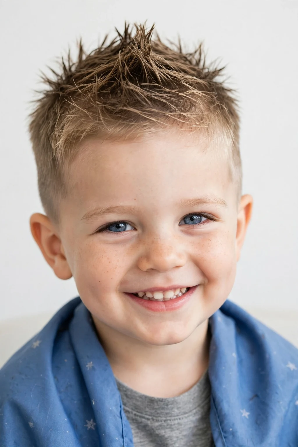 Smiling toddler boy with short spiky hair on top, cheerful bright photo, light background.