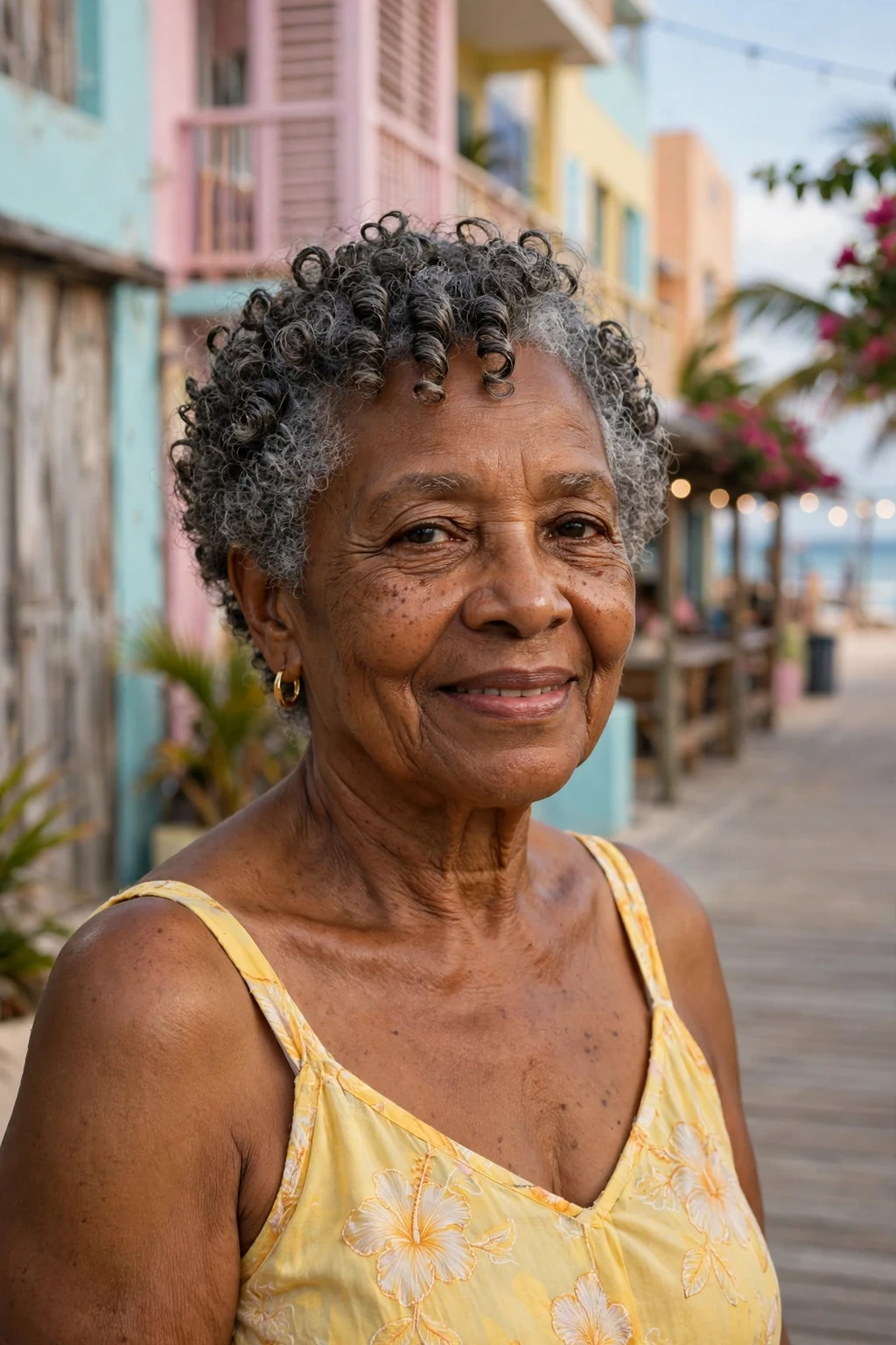 A joyful Caribbean woman in her 70s with a short spiral curls cut, wearing a yellow sundress, on a beach boardwalk.