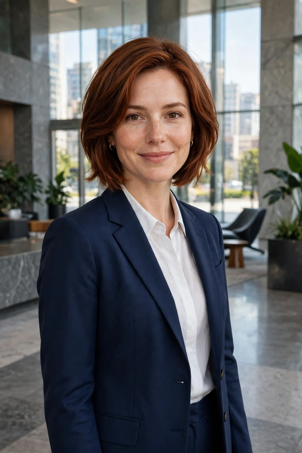 Young woman with a short stacked bob, graduated layers at the back, in a downtown office.