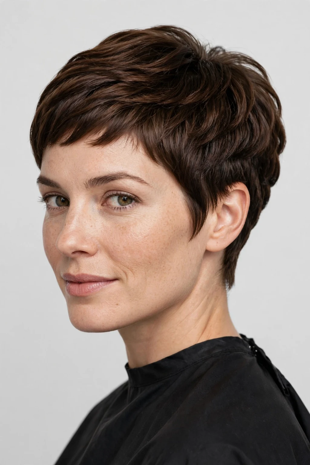 Woman with short stacked pixie, rounded stacked shape, chic studio light.