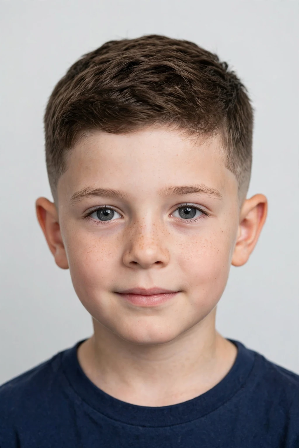 Young boy with short taper haircut, neatly tapered sides, clean precise light.