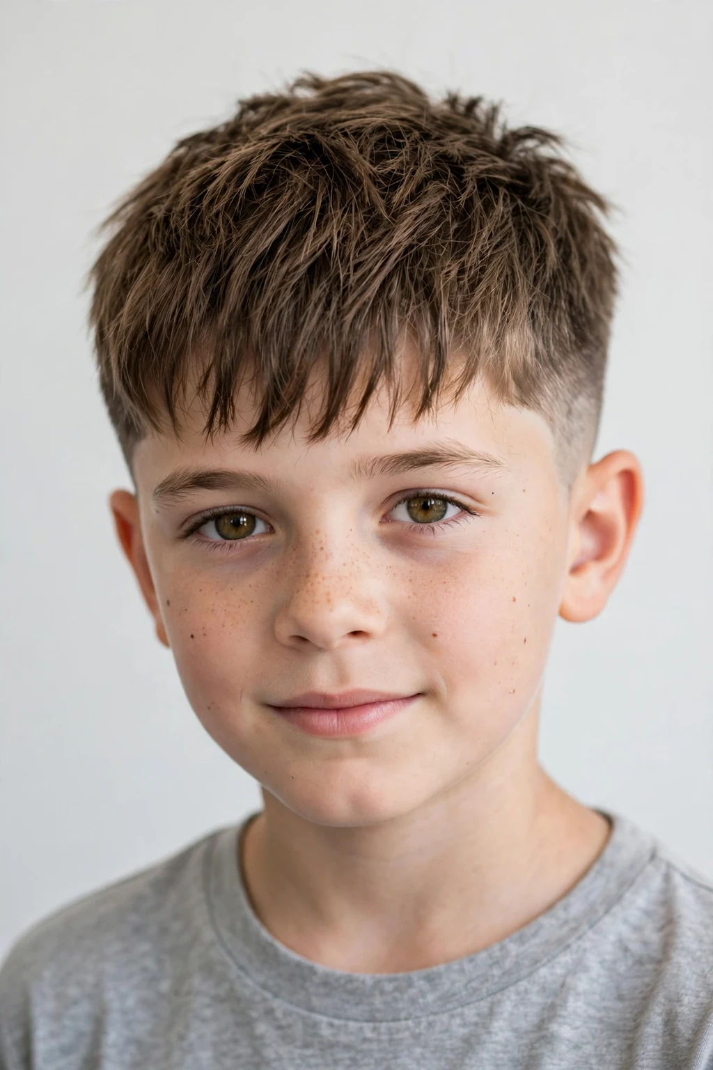 Young boy with short textured fringe, piece-y forward fringe, trendy light.