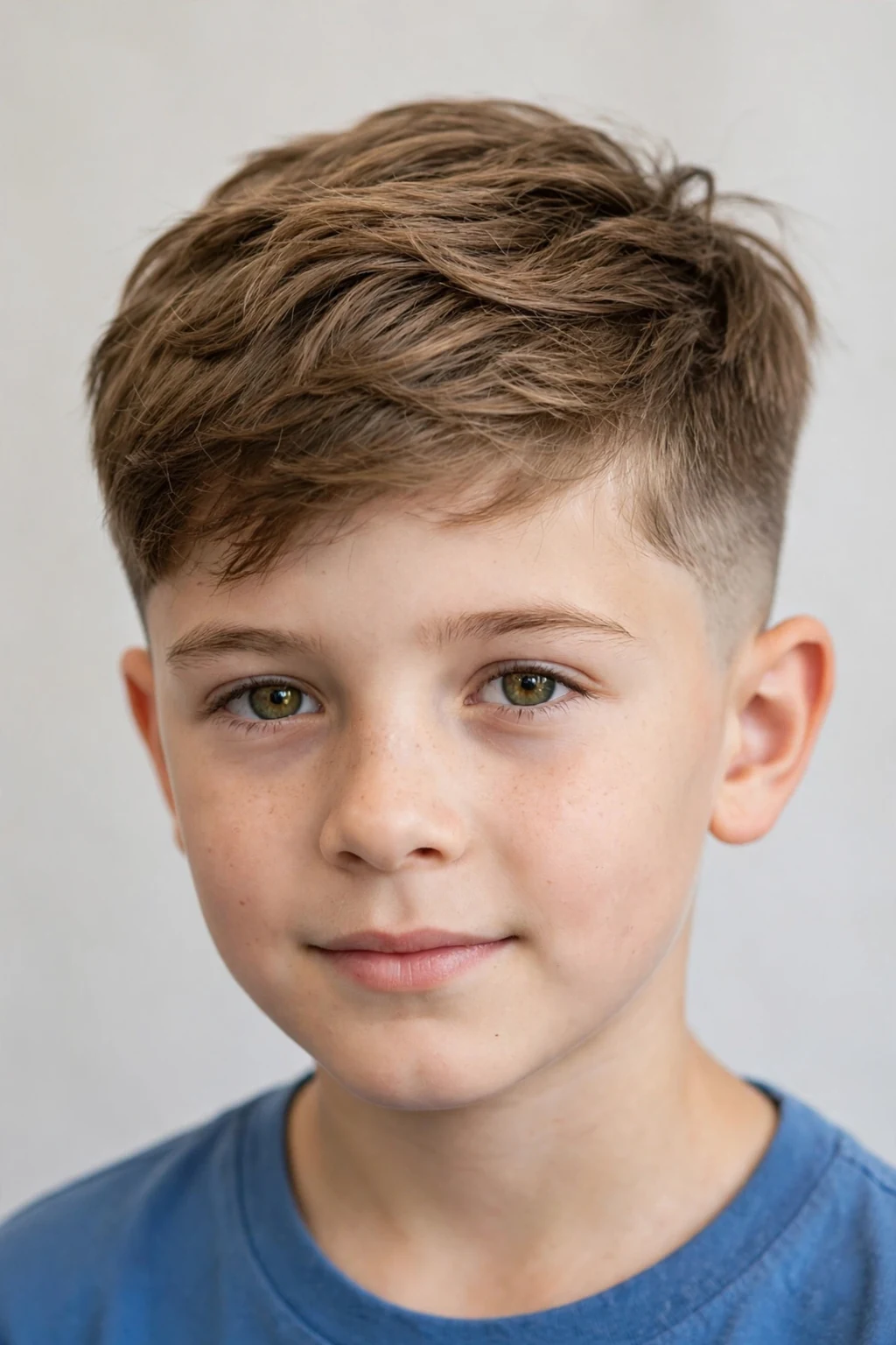 Young boy with short two-block cut, trendy korean-inspired style, modern light.