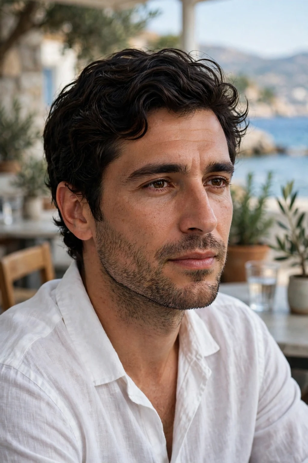 A man with a short wavy crop wearing a linen shirt at a coastal cafe.