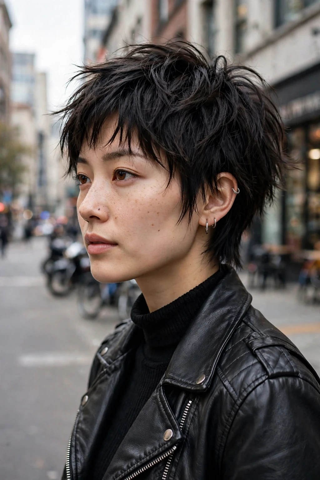Beautiful woman with short wolf cut, edgy short wolf cut, bold light.