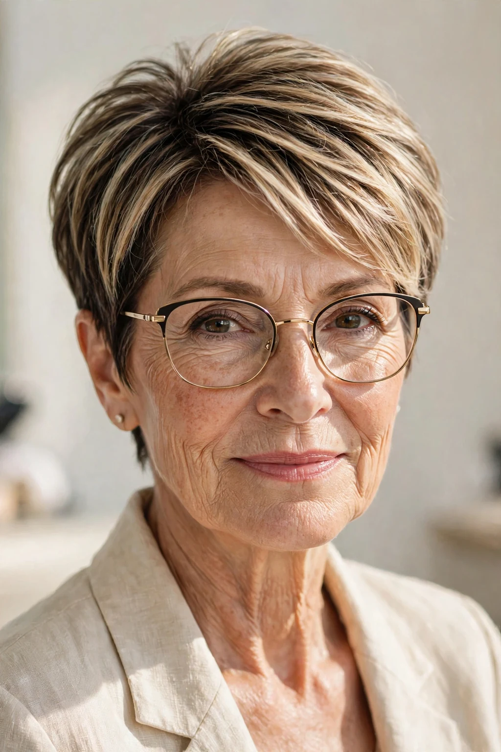 Elegant woman over 60 with glasses and balayage short cut, hand-painted dimensional color, sunlit photo.