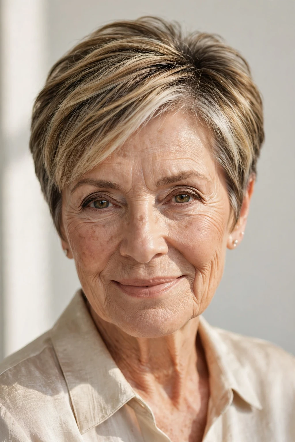 Elegant woman over 70 with balayage short cut, hand-painted dimensional color, sunlit photo.