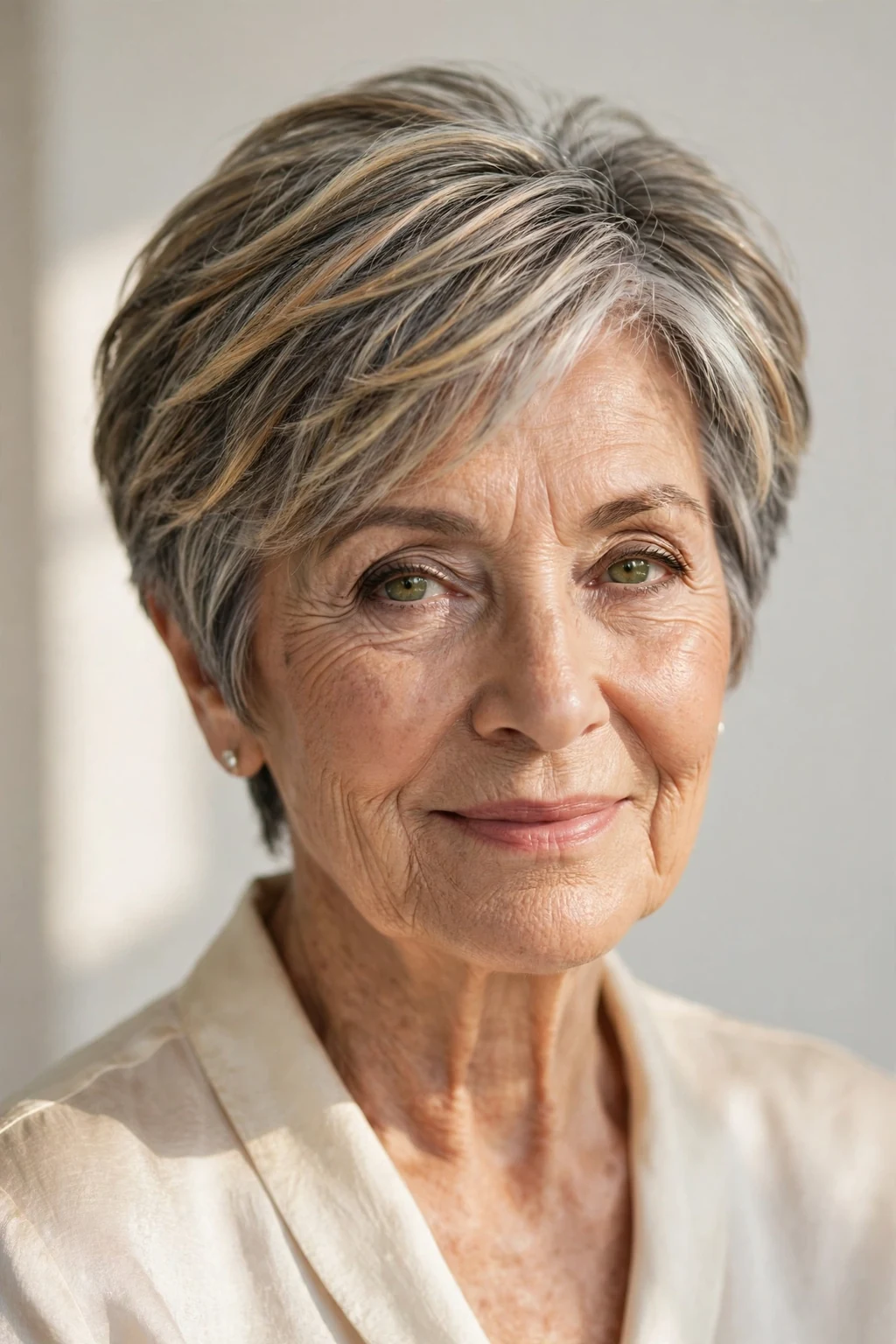Elegant woman over 80 with balayage short cut, hand-painted dimensional color, sunlit photo.