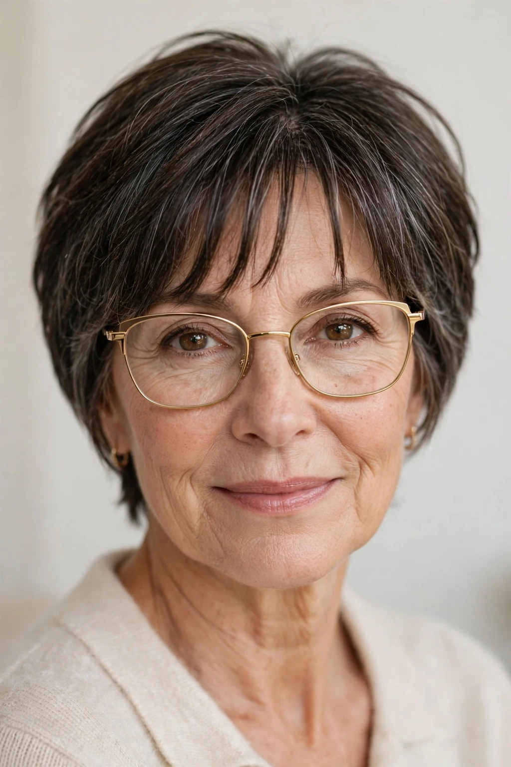 Elegant woman over 50 with glasses and short cut with curtain bangs, soft parted fringe, flattering light.