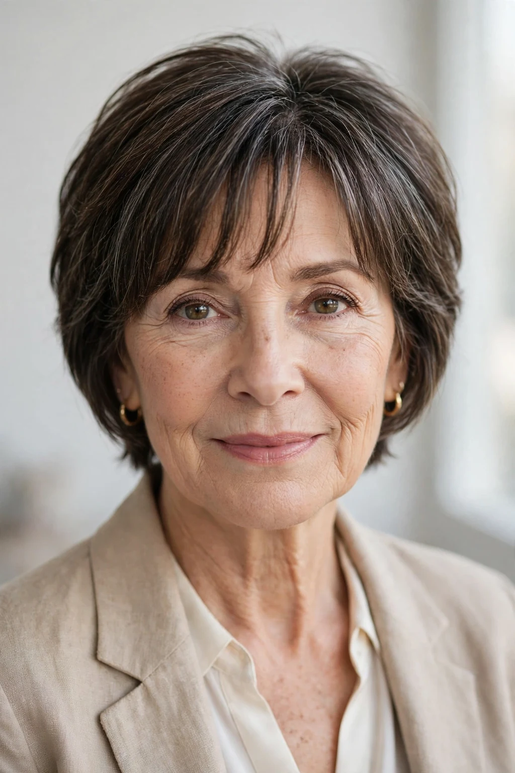 Elegant woman over 50 with short hair with curtain bangs, soft parted fringe, flattering light.