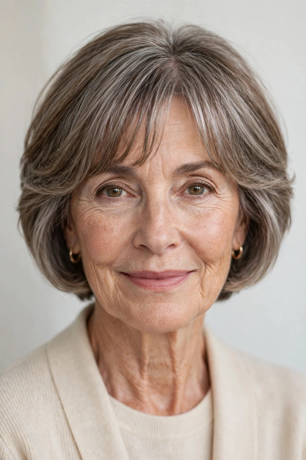 Elegant woman over 60 with short hair with curtain bangs, soft parted fringe, flattering light.