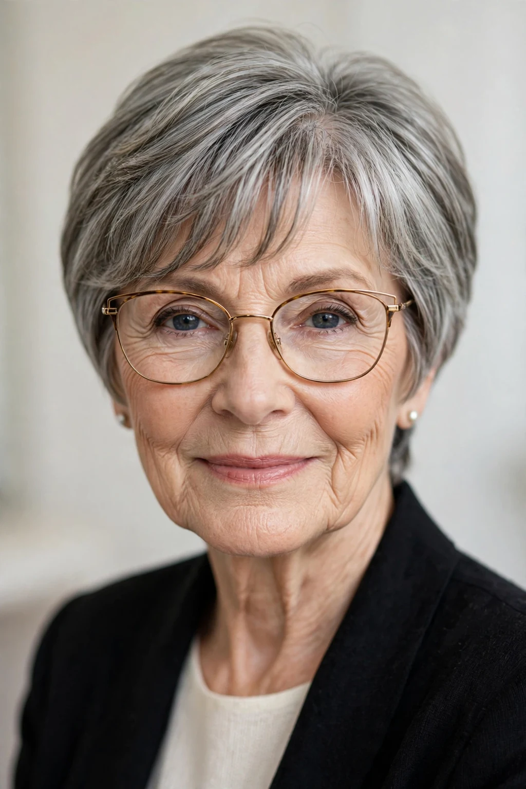 Elegant woman over 70 with glasses and short hair with curtain bangs, soft parted fringe, flattering light.
