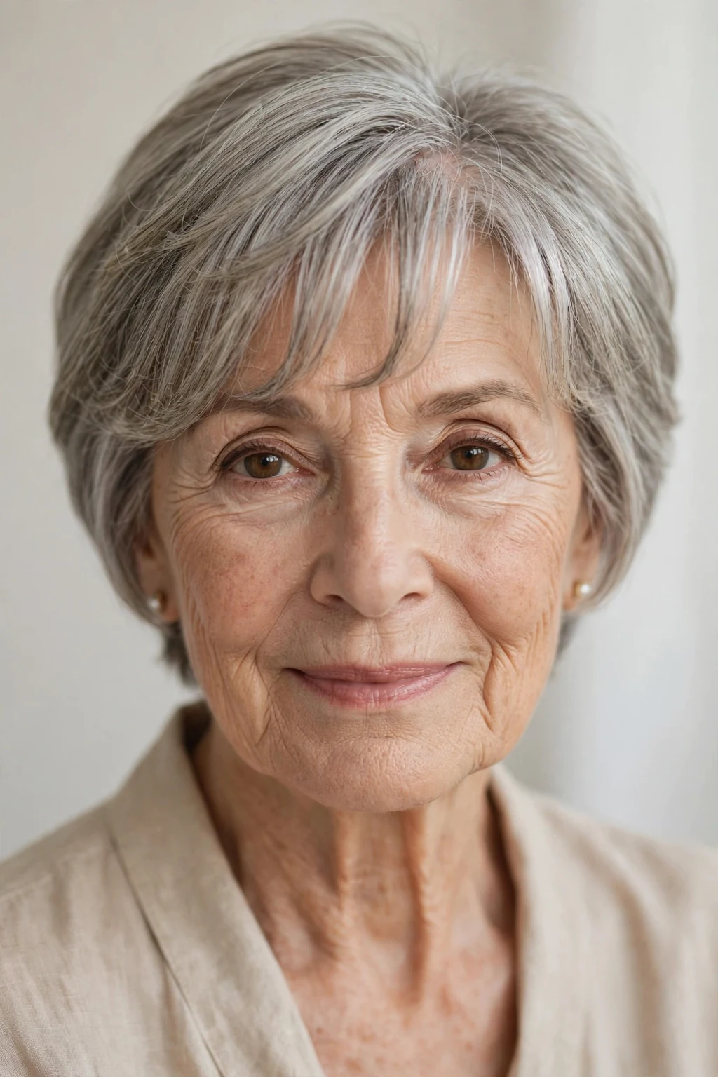 Elegant woman over 70 with short hair with curtain bangs, soft parted fringe, flattering light.