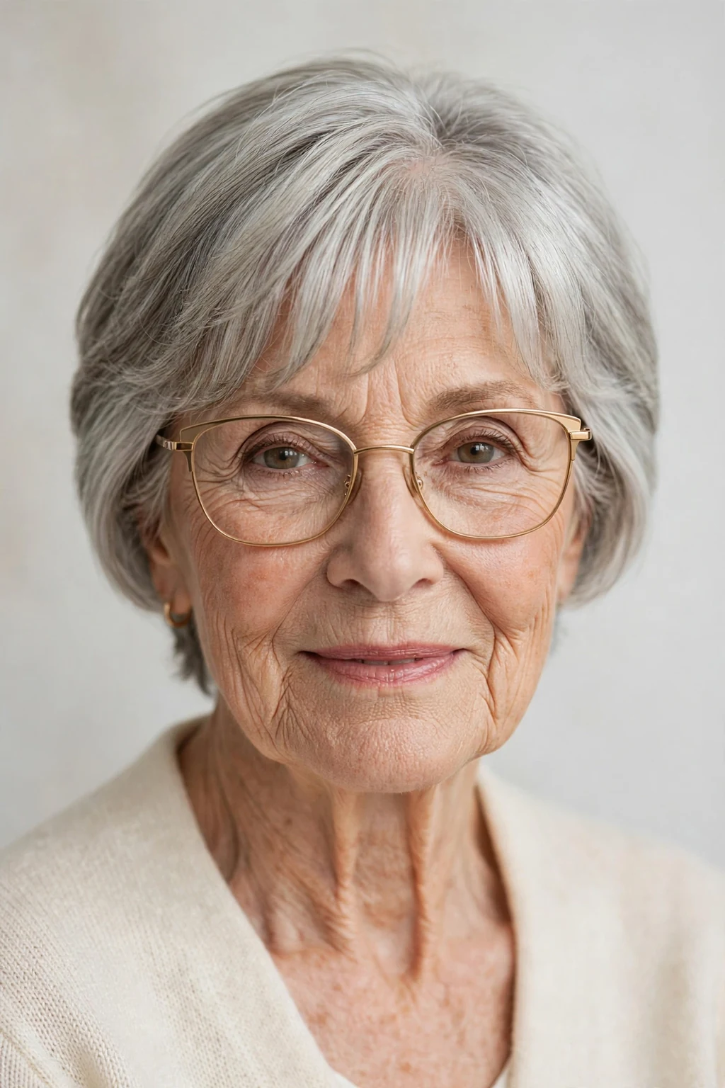 Elegant woman over 80 with glasses and short hair with curtain bangs, soft parted fringe, flattering light.